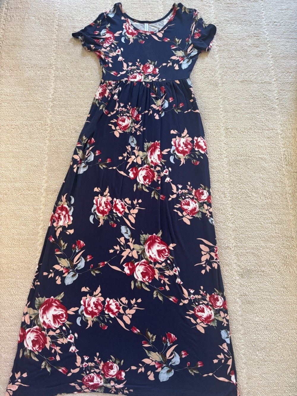 Navy Floral Maxi Dress with Red Rose Print